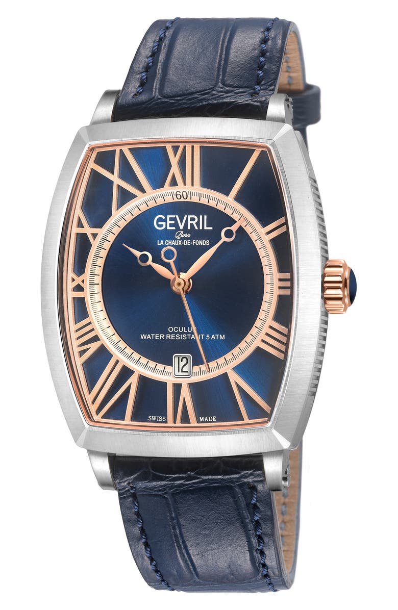 GEVRIL Oculus Automatic Leather Strap Watch, 36mm x 43mm, Main, color, Blue