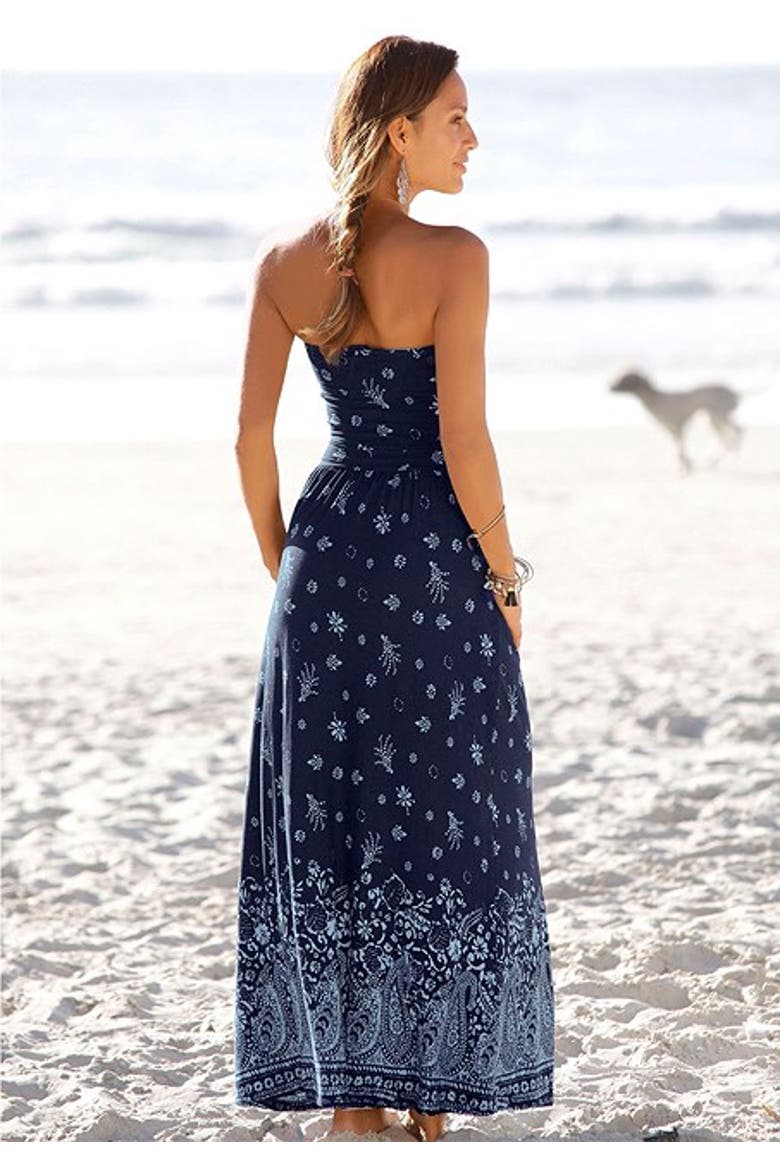 Women's Bandeau Maxi Dress, Alternate, color, Navy Printed