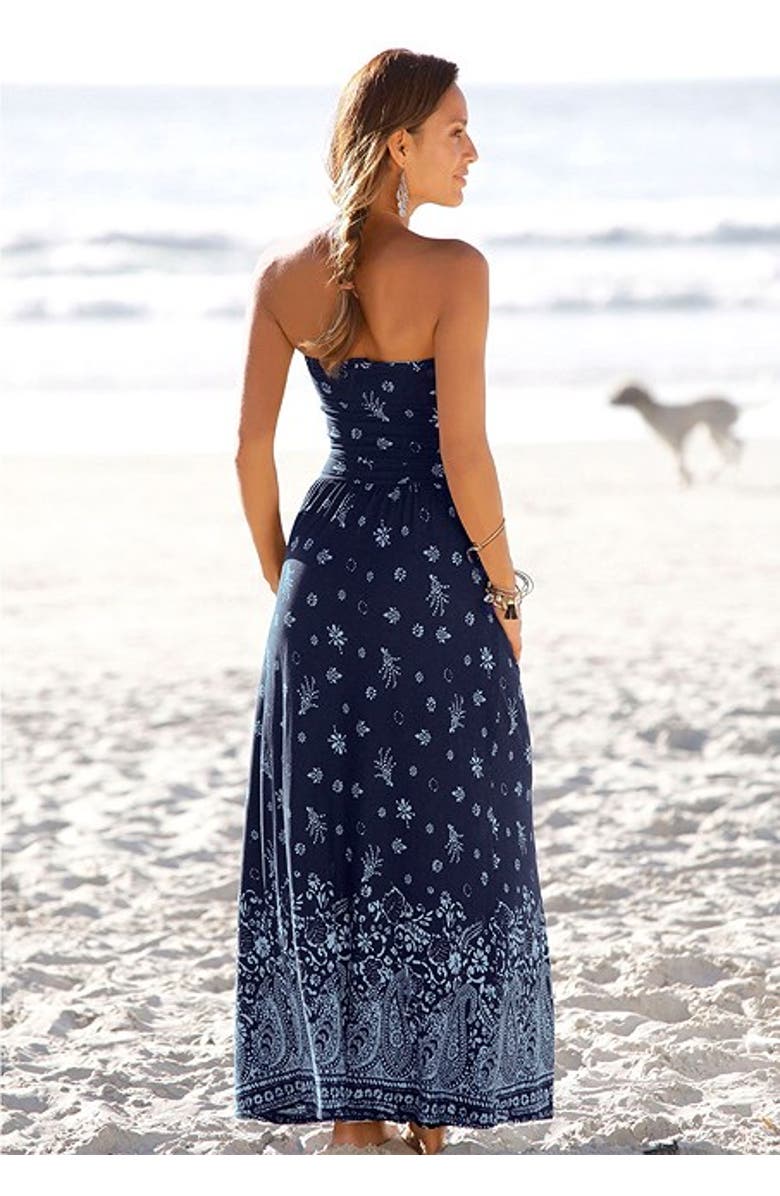 LASCANA Women's Bandeau Maxi Dress, Alternate, color, Navy Printed