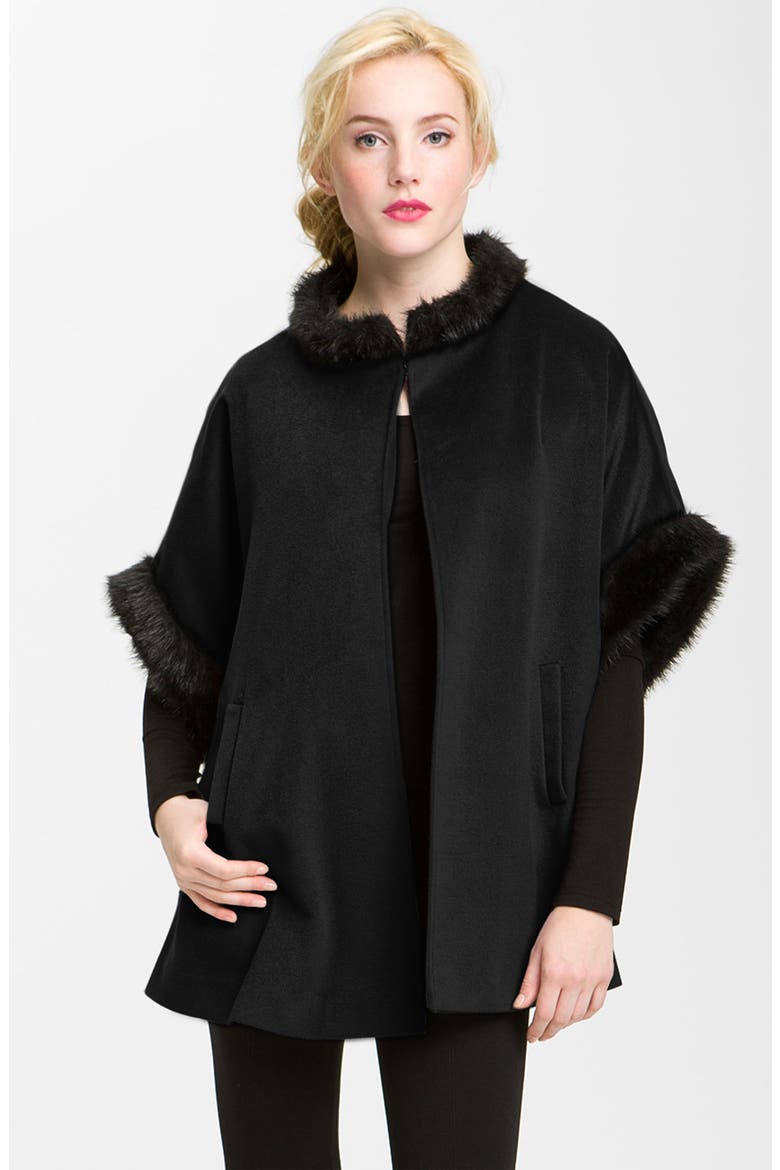 Faux Fur Trim Cape, Main, color, BLACK