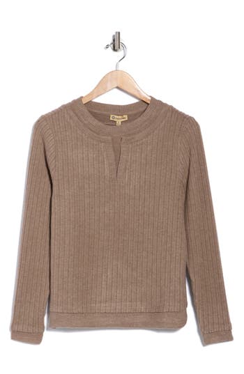 Democracy Long Sleeve Twofer Rib Knit Top In Brown