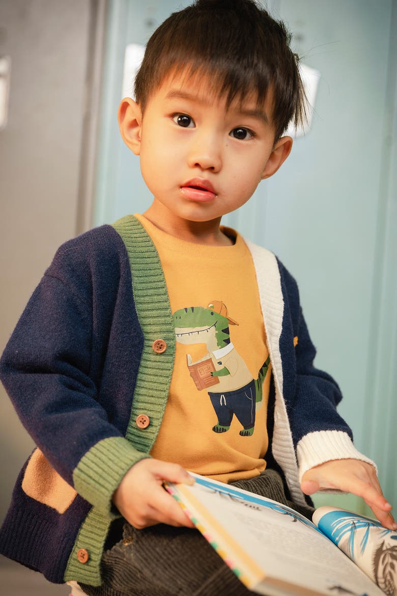 Dino Embroidered Colorblock Pocket Knit Cardigan, Alternate, color, Dark Blue, Green and Yellow