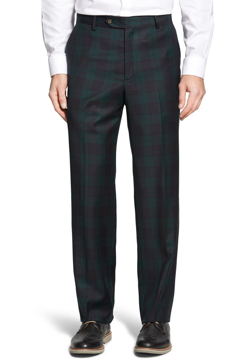 Touch Finish Flat Front Classic Fit Plaid Wool Trousers, Main, color, GREEN