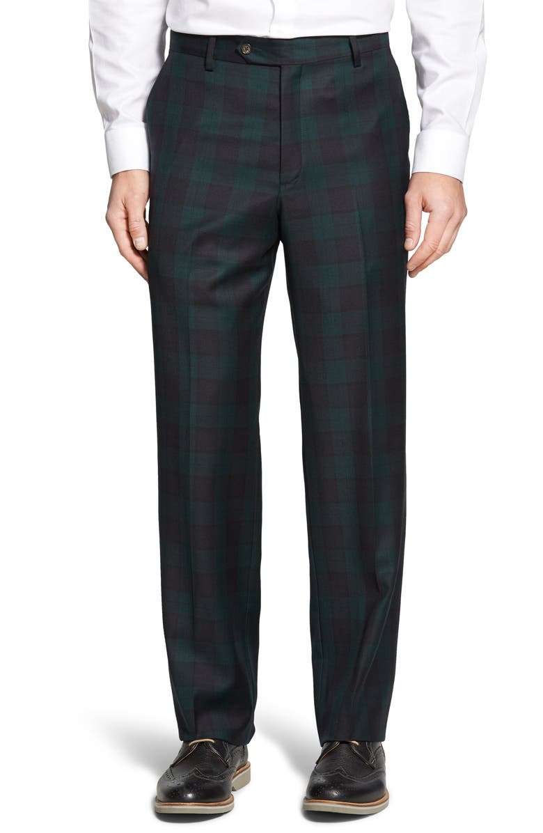 Berle Touch Finish Flat Front Classic Fit Plaid Wool Trousers, Main, color, Green