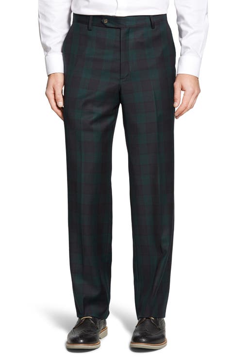 Touch Finish Flat Front Classic Fit Plaid Wool Trousers
