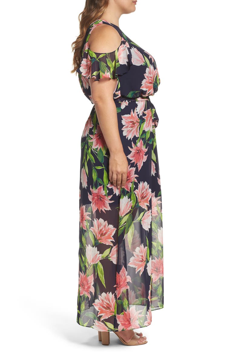 Floral Chiffon Cold Shoulder Maxi Dress, Alternate, color, NAVY/ CORAL