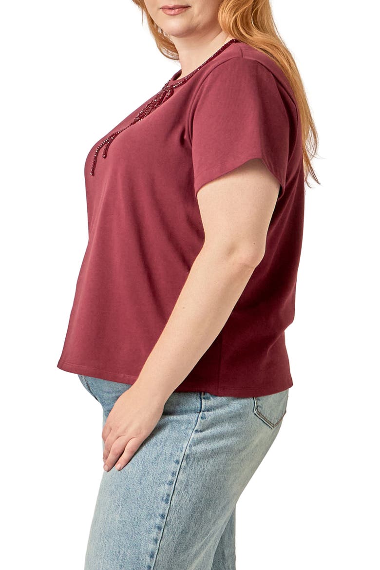 Beaded Bow Cotton T-Shirt, Alternate, color, BURGUNDY