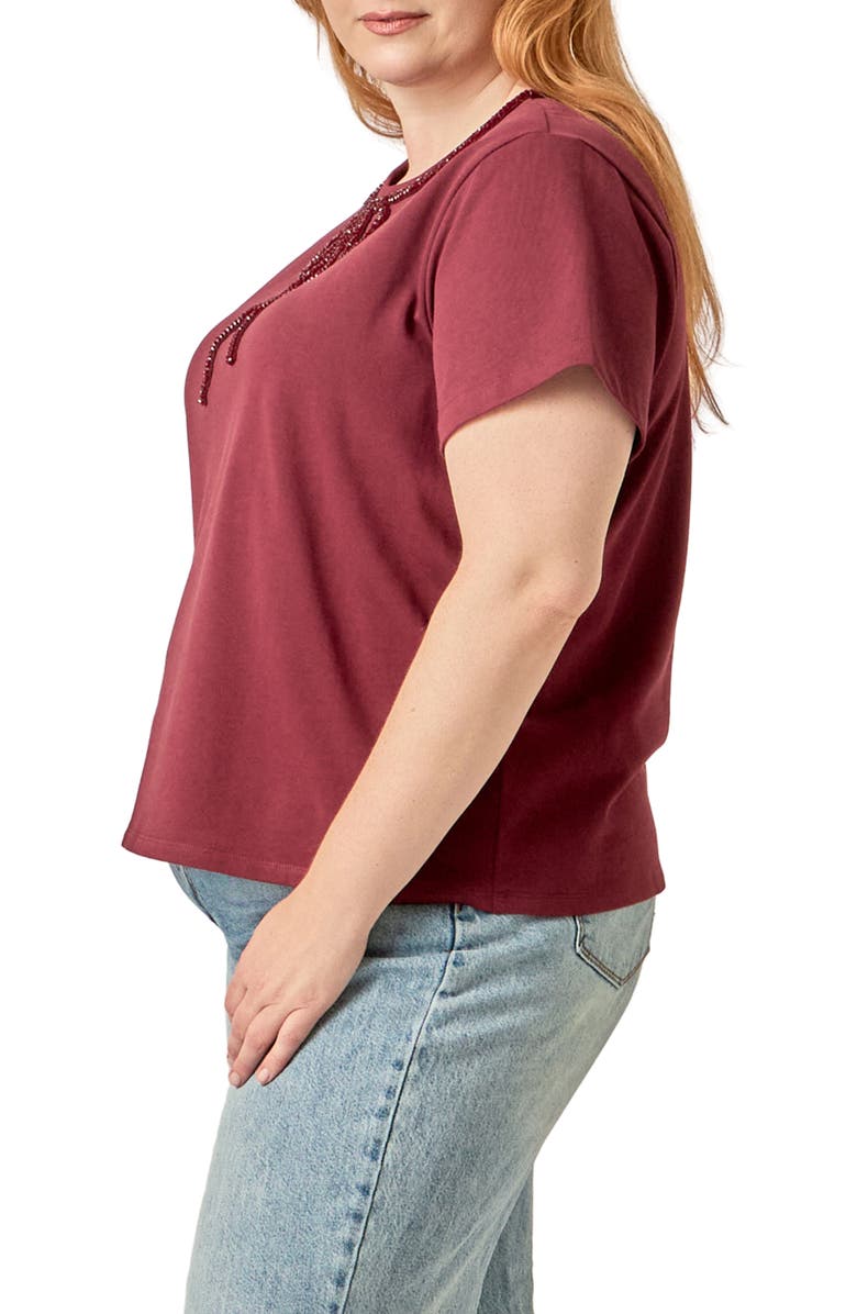 English Factory Beaded Bow Cotton T-Shirt, Alternate, color, Burgundy