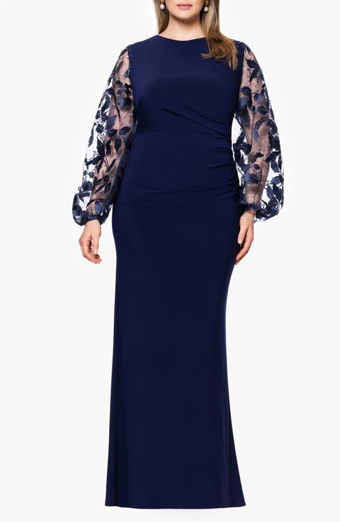 Embroidered Sheer Long Sleeve Gown (Plus)