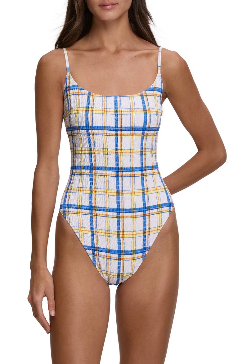 Kennedy Smocked One-Piece Swimsuit, Main, color, WHITE/ BLUE MULTI