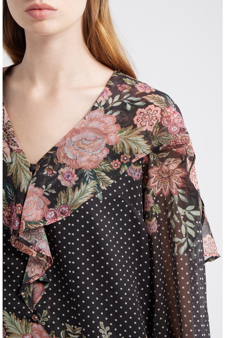 Floral Print Ruffle Top, Alternate, color, BLACK