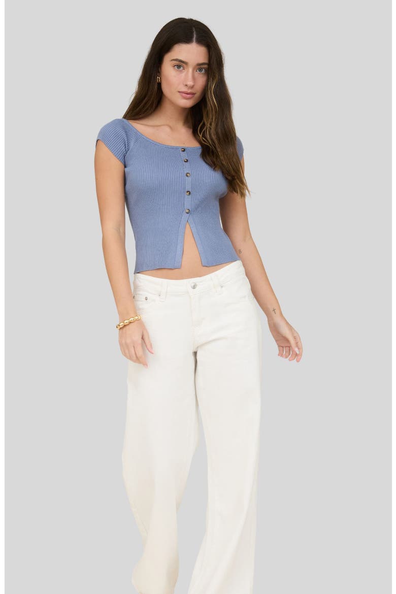 Short Sleeve Button Front Rib Knit Top, Alternate, color, DUSTY BLUE