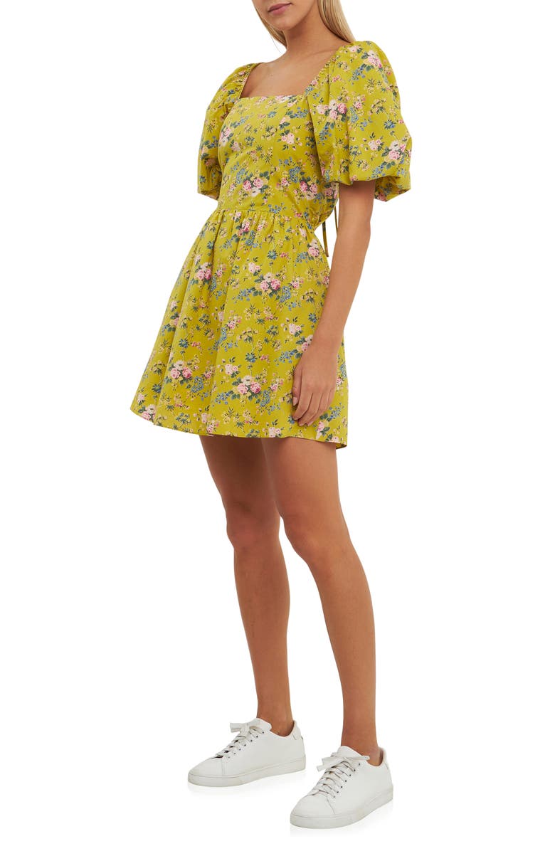 English Factory Floral Print Cutout Back Puff Sleeve Minidress, Alternate, color, Celery