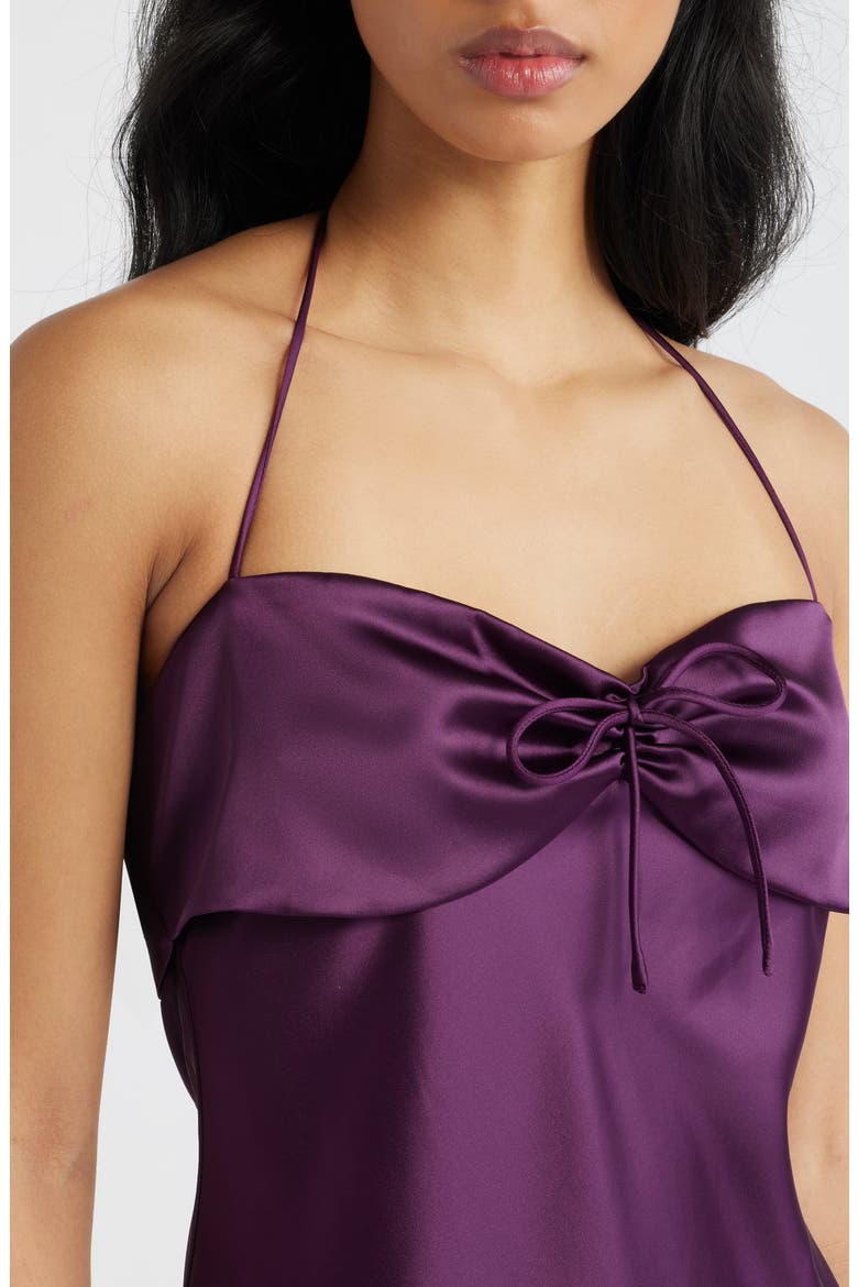 Fireproof Ruched Halter Satin Gown, Alternate, color, PLUM