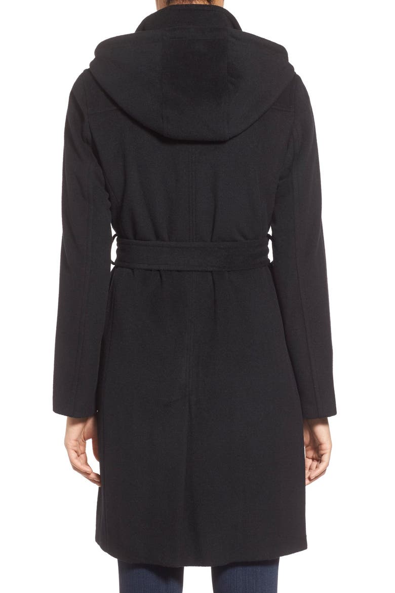 Belted Long Wool Blend Coat with Detachable Hood, Alternate, color, BLACK