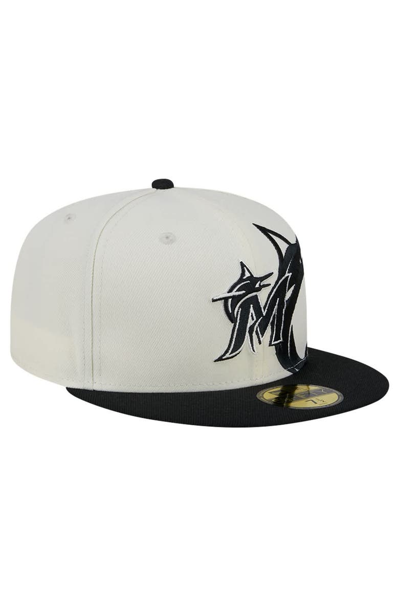 New Era Men's New Era Cream/Black Miami Marlins Lonestar 59FIFTY Fitted Hat, Alternate, color,