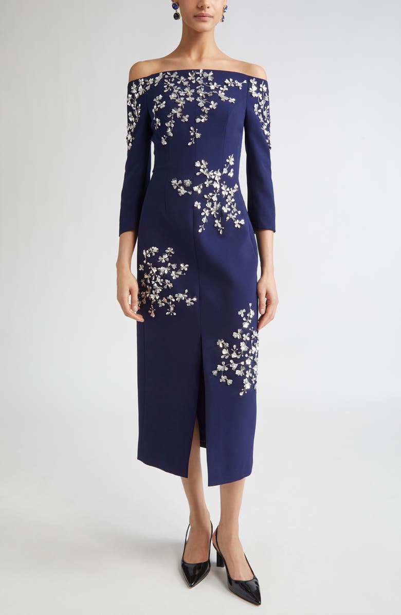 Carolina Herrera Floral Appliqué Off the Shoulder Stretch Crepe Midi Dress, Main, color, Midnight
