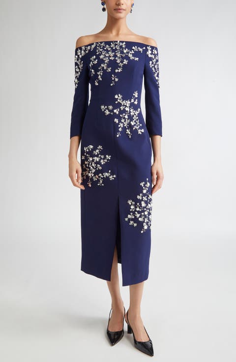 Floral Appliqué Off the Shoulder Stretch Crepe Midi Dress