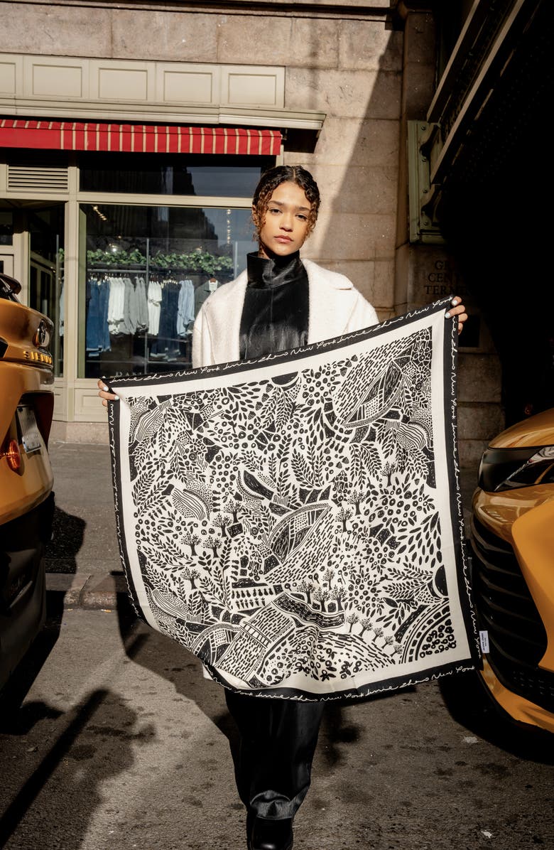 Jessie Zhao New York Double Sided Wool Silk Scarf Of Black Garden, Alternate, color, Black