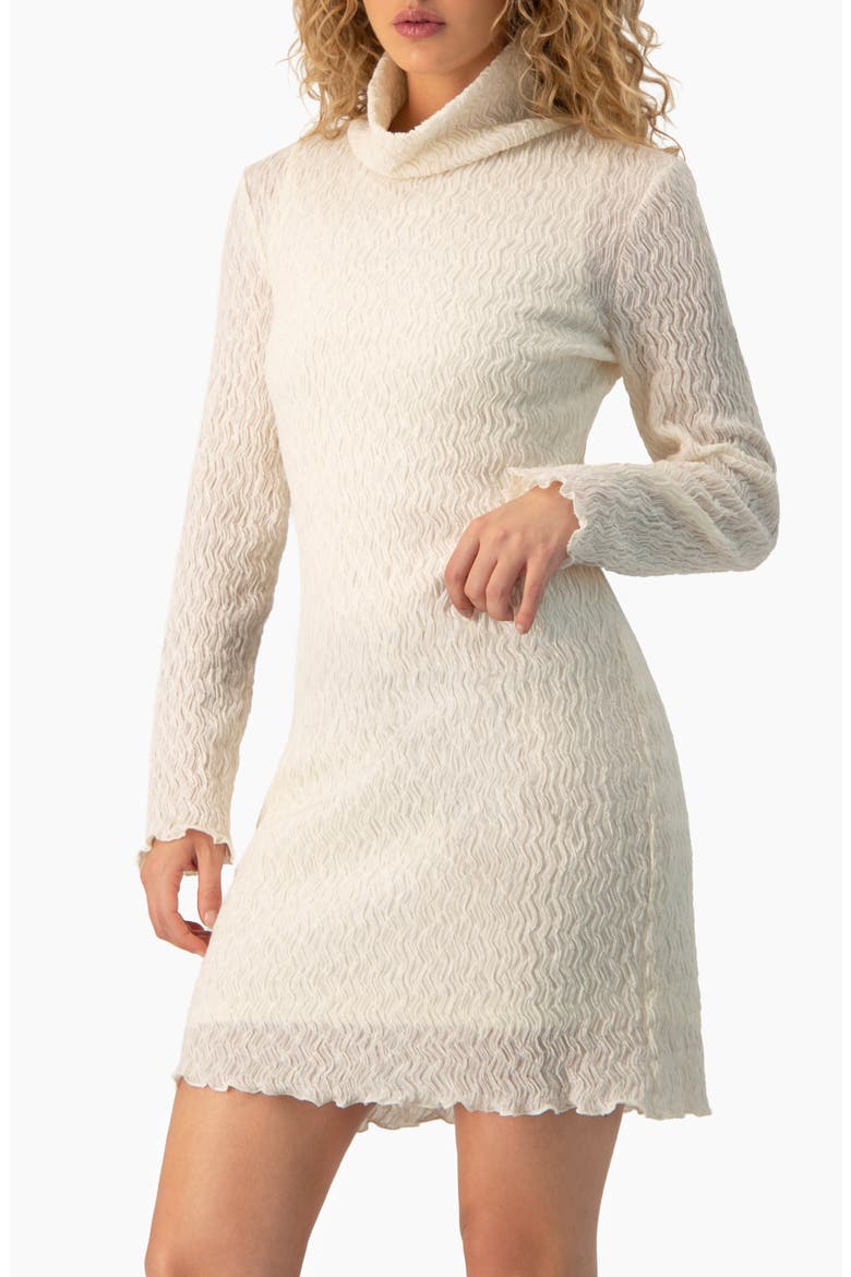 Crinkle-Knit Turtleneck Long-Sleeve Fitted Mini Dress, Alternate, color, Bone