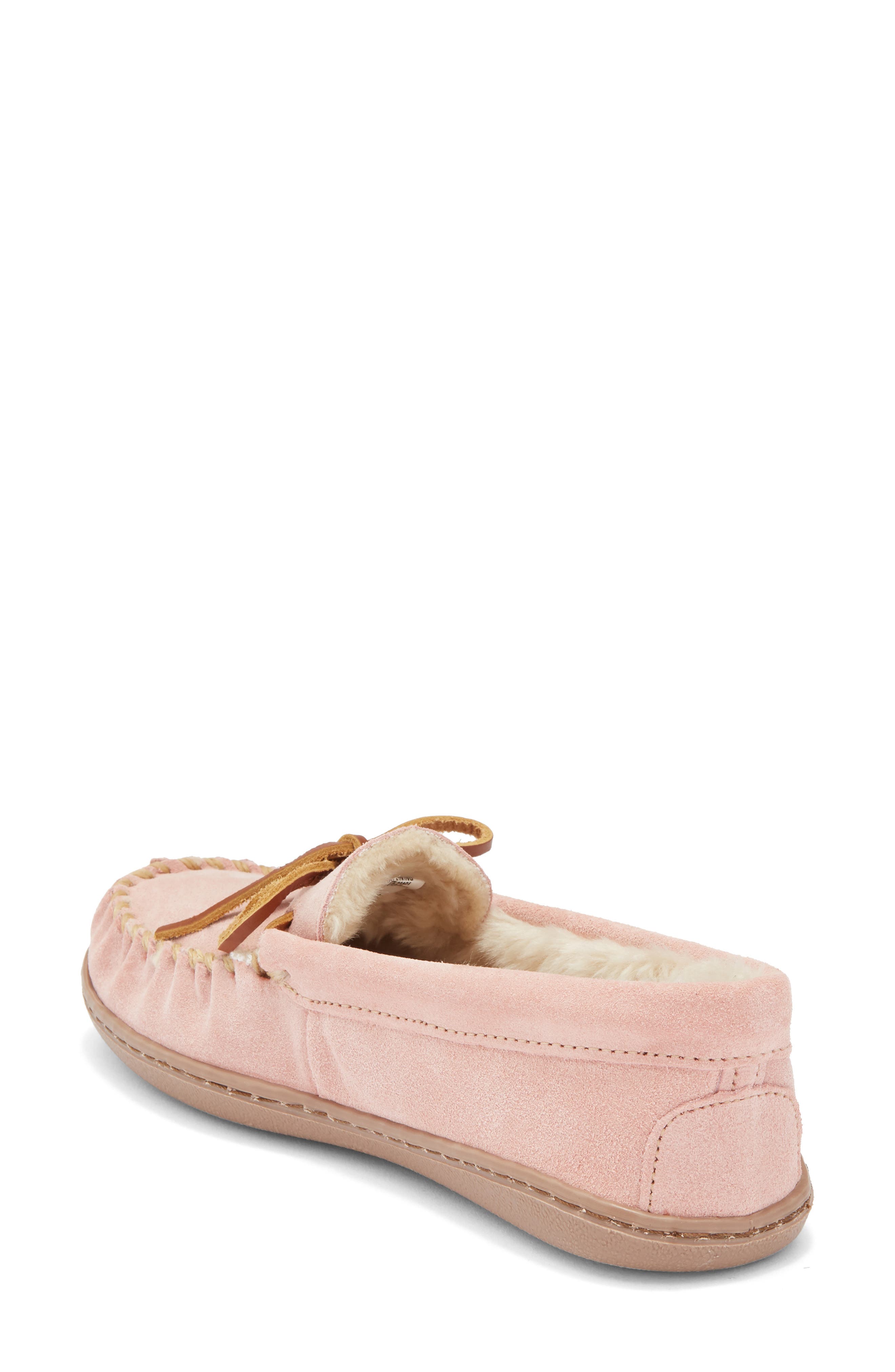 Minnetonka Suede Faux Fur Slipper, Alternate, color, Pink
