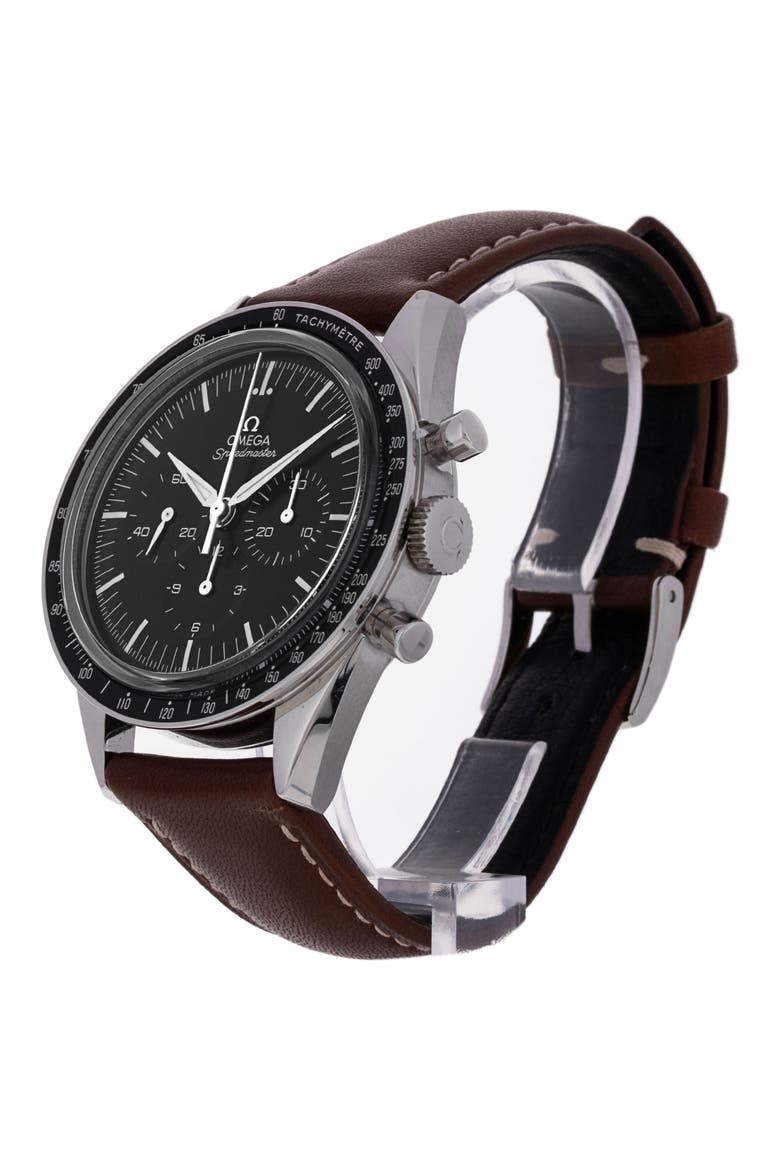 Omega Preowned 2020 Speedmaster Moonwatch Chronograph Leather Strap Watch, 40mm, Alternate, color, BLACK