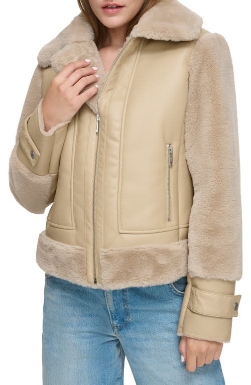 Andrew Marc Faux Fur Trim Faux Leather Aviator Jacket in Oat 