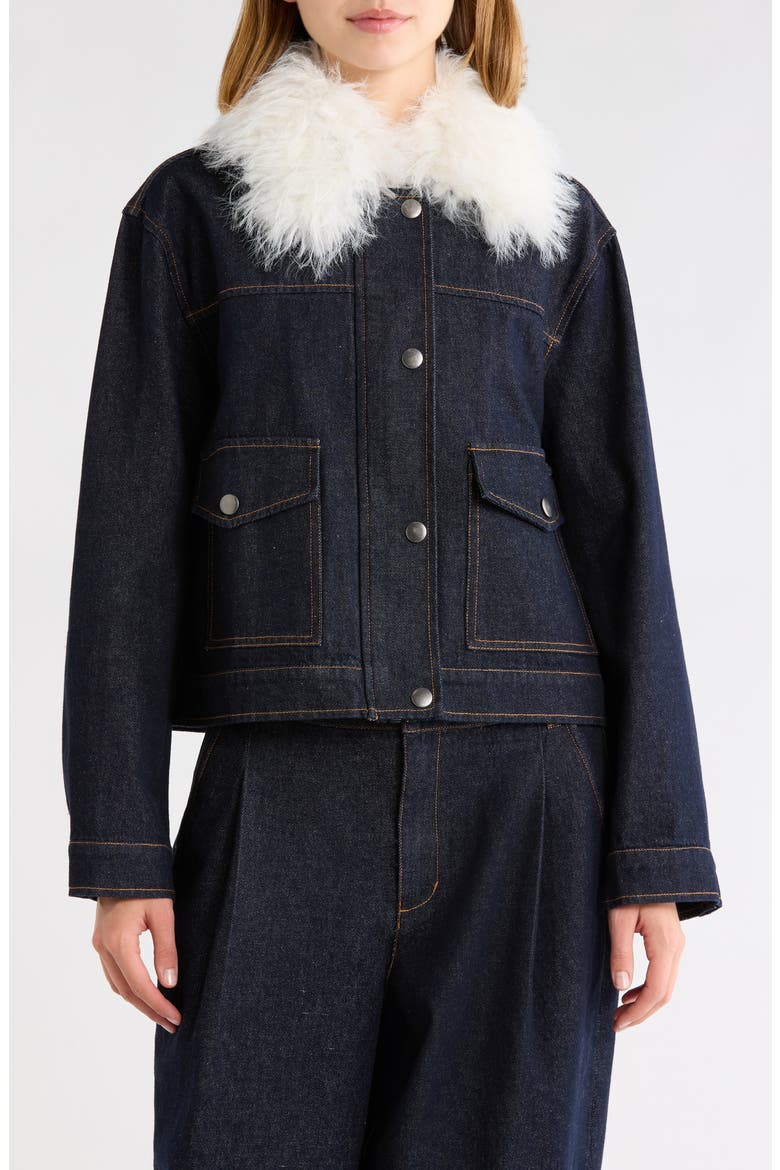 Sawyer Faux Fur Collar Denim Jacket, Alternate, color, DARK NAVY