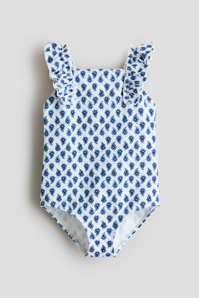Ruffle-trimmed Textured Swimsuit, Main, color, White/blue