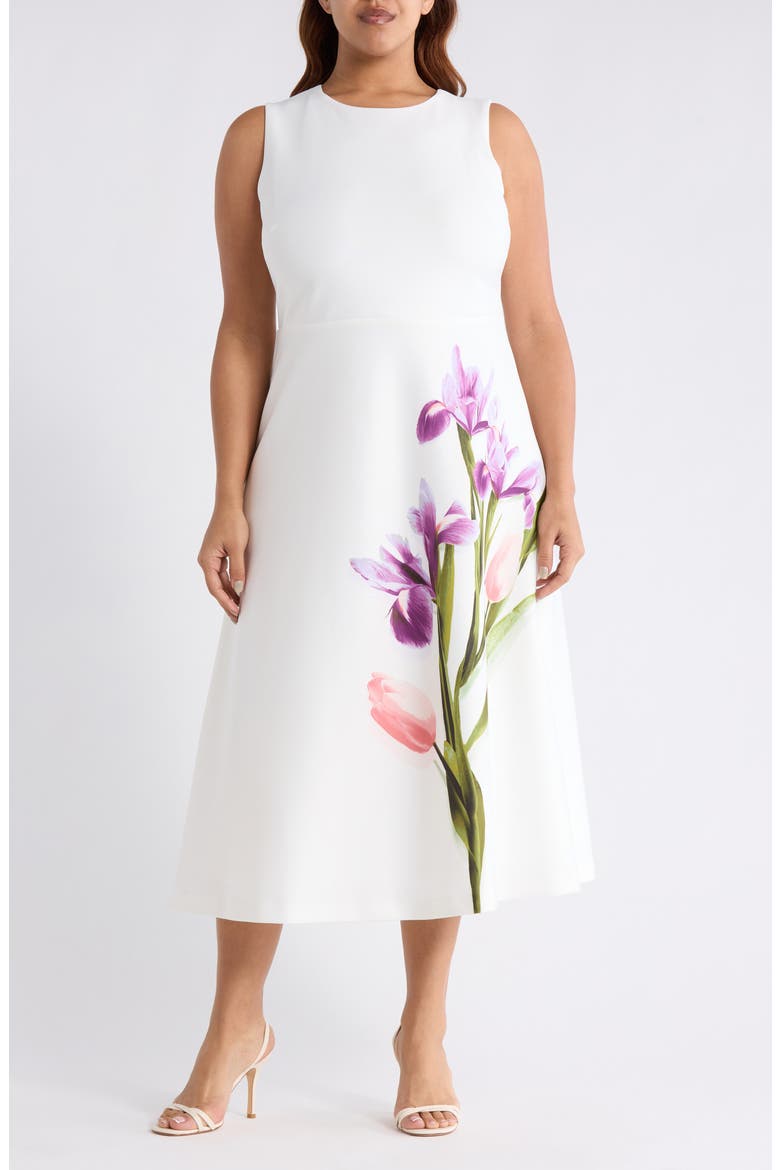 Placement Print Sleeveless Midi Dress, Main, color, WHITE DOVE MULTI