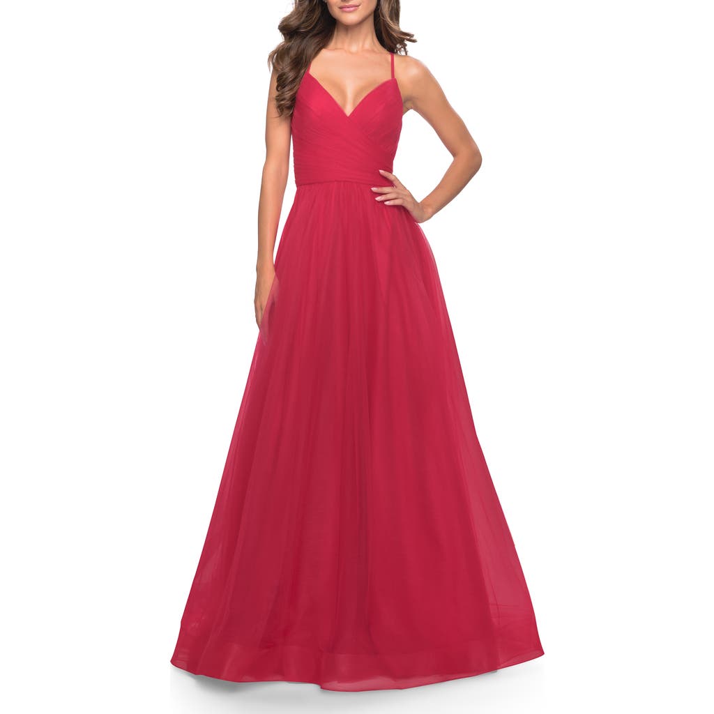 La Femme Long Tulle A-line Gown With Side Slit And Pockets In Red