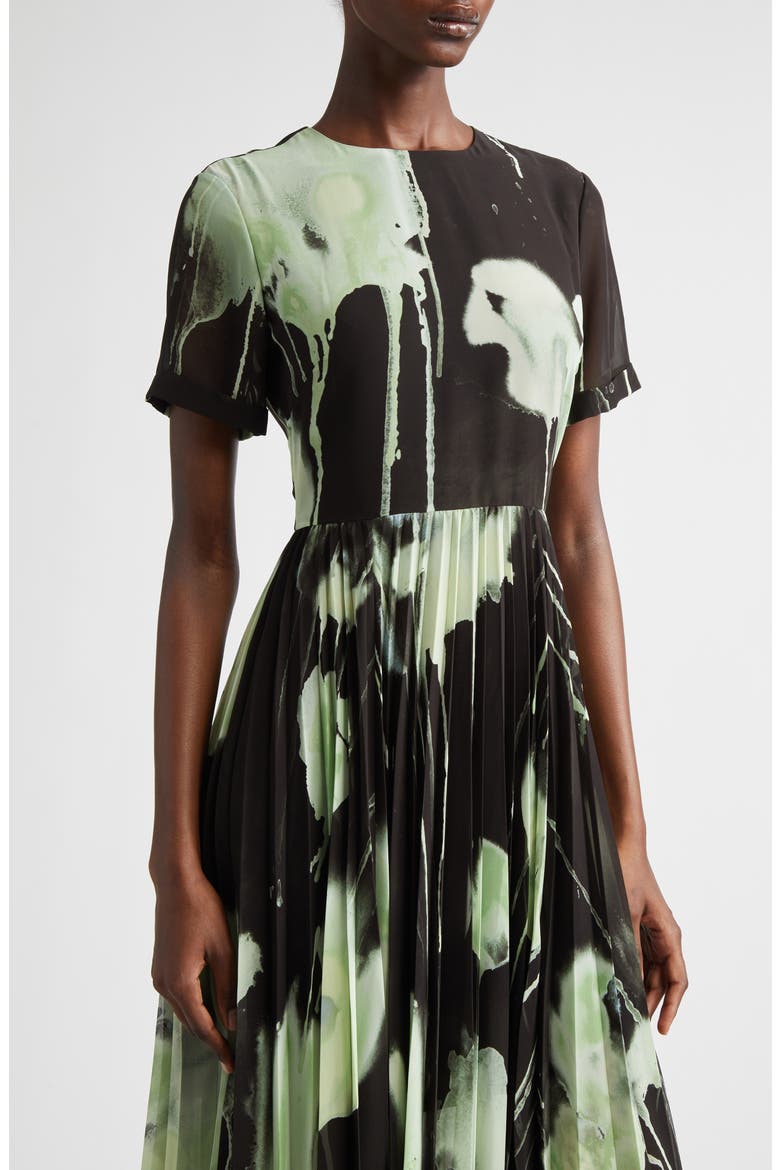 Watercolor Floral Pleated Chiffon A-Line Dress, Alternate, color, BLACK / LIGHT JADE