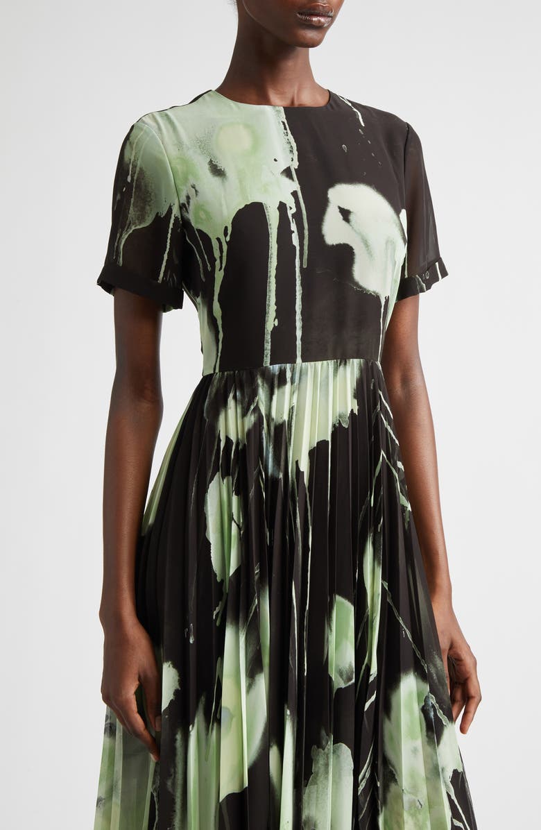 Jason Wu Collection Watercolor Floral Pleated Chiffon A-Line Dress, Alternate, color, Black / Light Jade