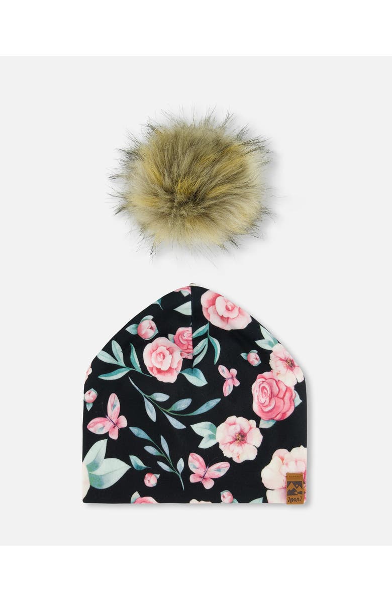 Deux par Deux Baby Girl's Printed Jersey Detachable Pompom Hat Pink, Black, And Flowers, Alternate, color, 