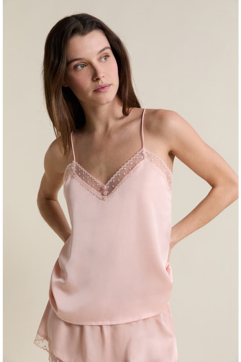Plume Lace Trim Satin Camisole, Alternate, color, POWDER PINK
