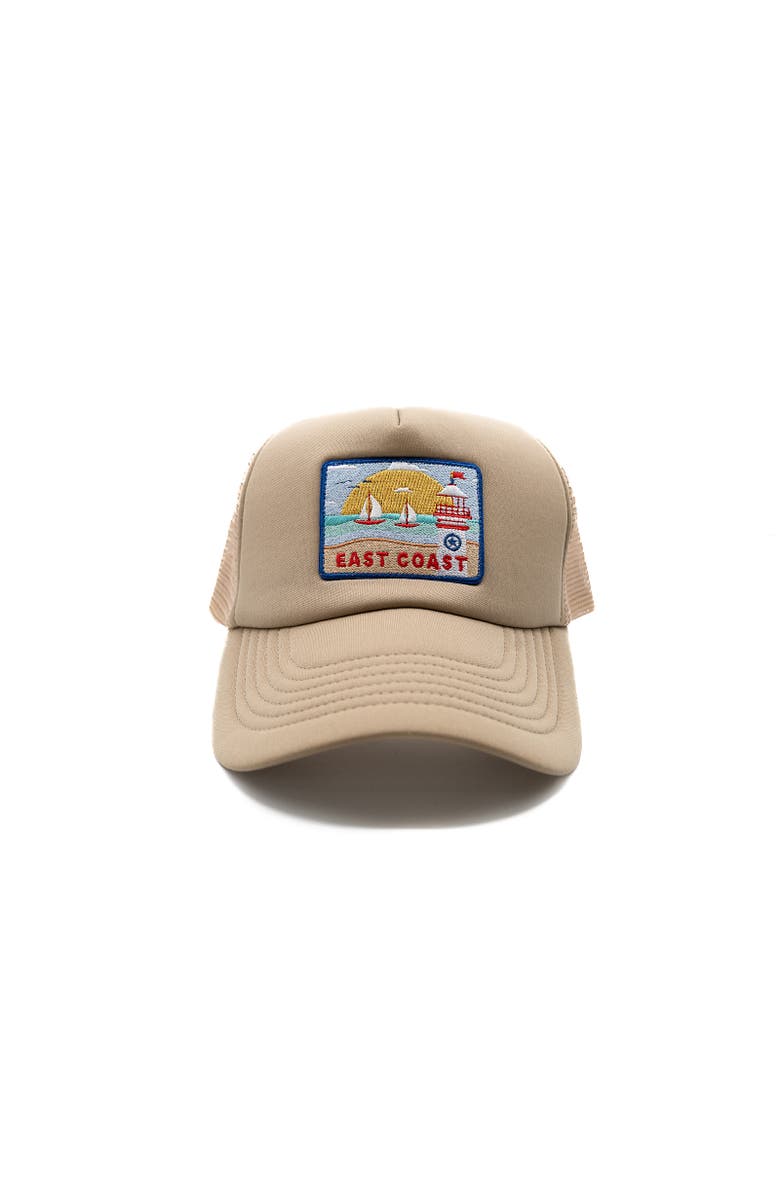 Rey To Z East Coast Postcard Trucker Hat, Main, color, Khaki