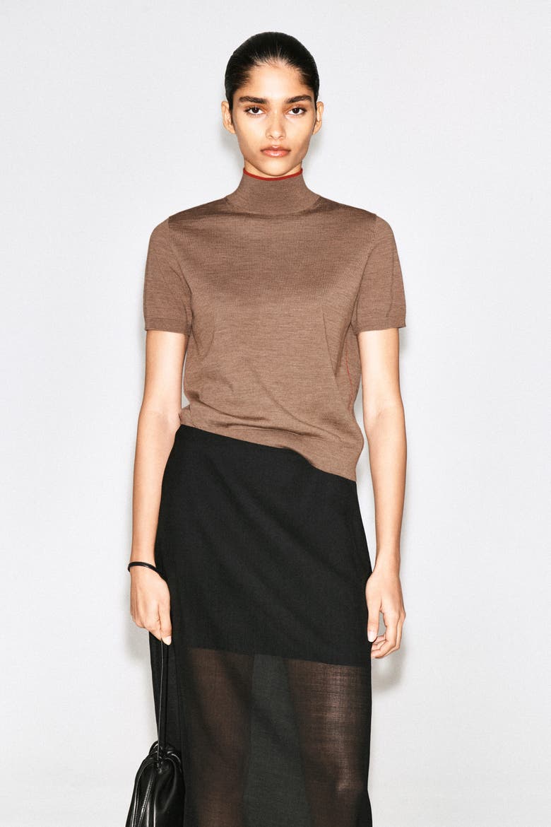 Merino Wool Turtleneck Top, Main, color, BEIGE MÉLANGE / RED