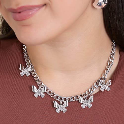 Jessica Simpson Silver-tone Butterfly Charm Curb Chain Necklace In Silver