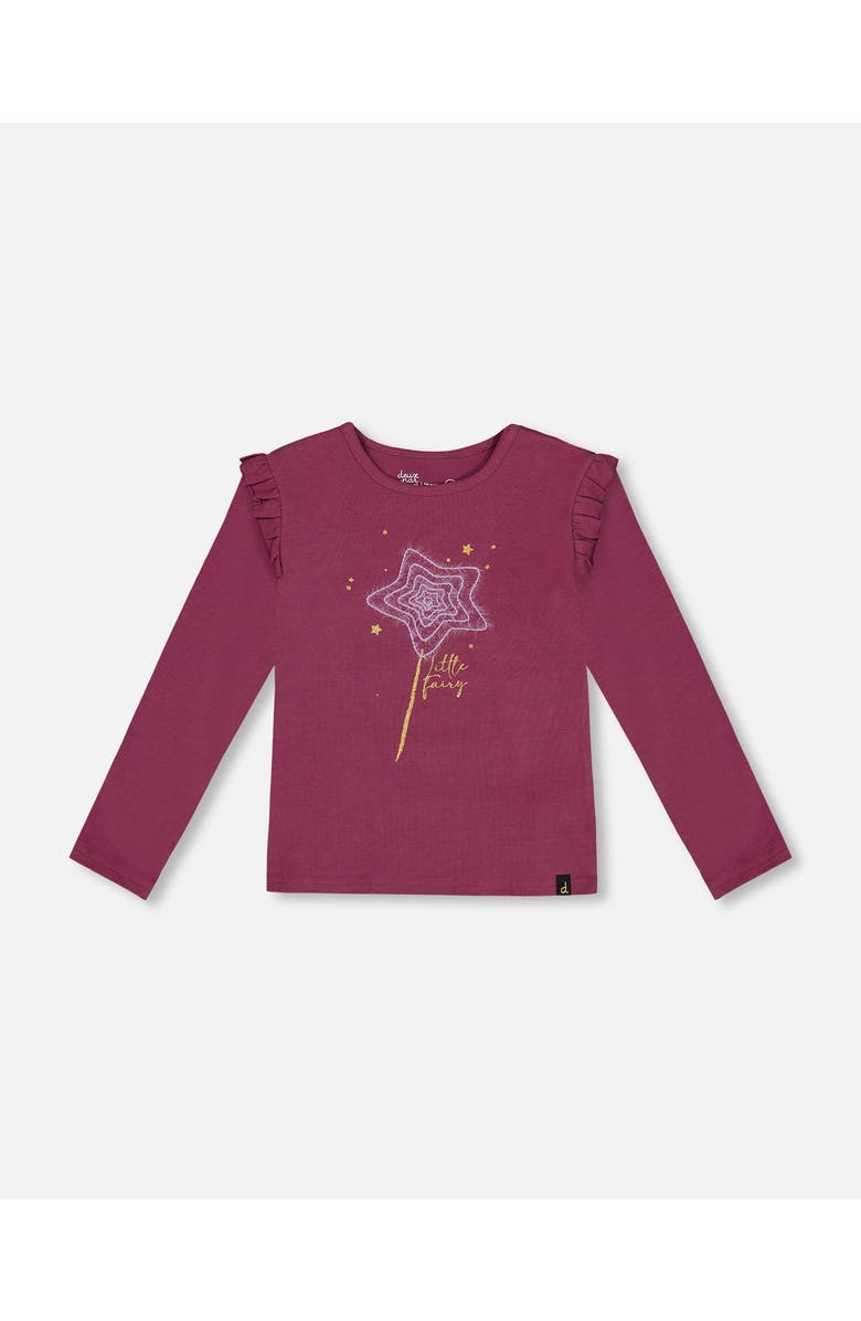 Deux par Deux Little Girl's Organic Cotton T-Shirt With Frill Burgundy, Main, color, 