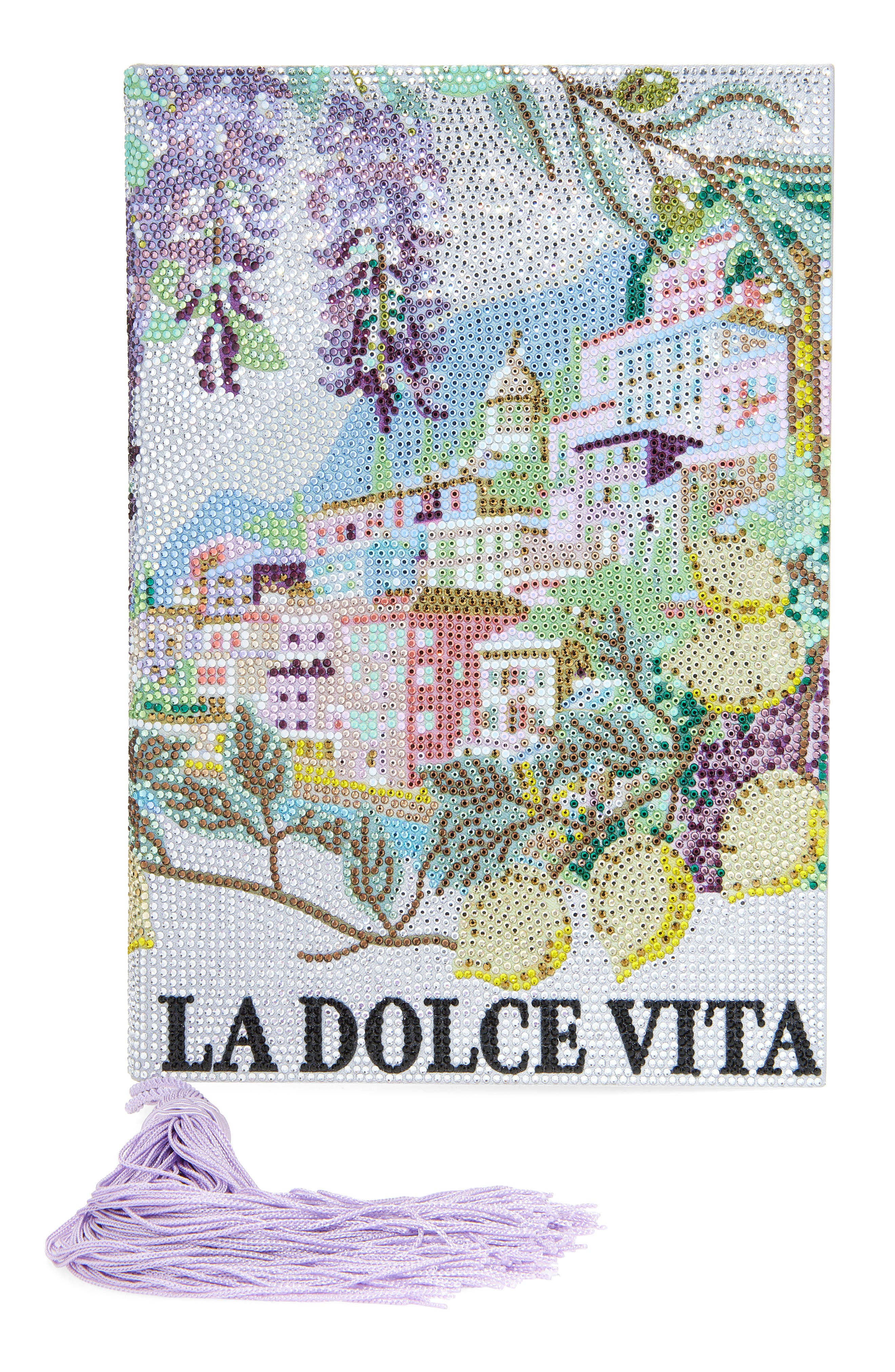 JUDITH LEIBER COUTURE Storybook La Dolce Vita Rhinestone Clutch, Main, color, 