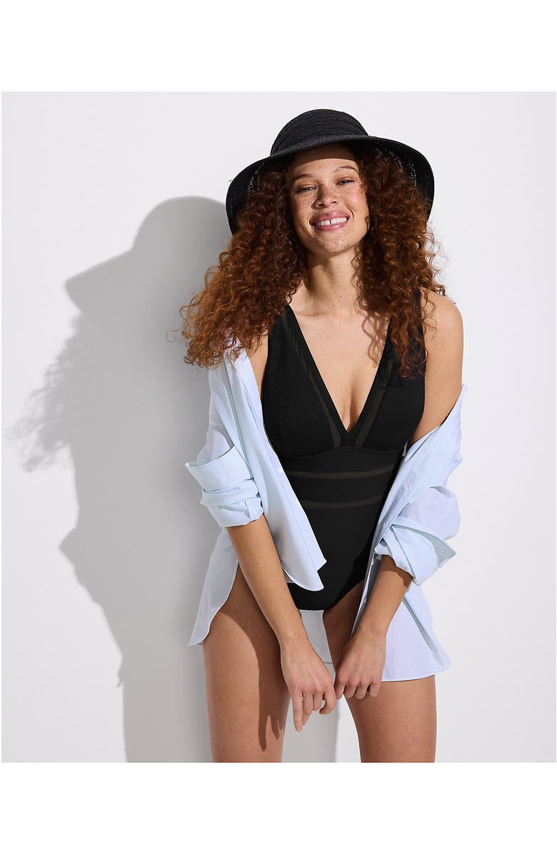 Lands' End Mesh Plunge High Leg One Piece Swimsuit, Alternate, color, Black Ottoman