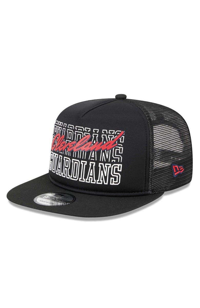 New Era Men's New Era Black Cleveland Guardians Street Team A-Frame Trucker 9FIFTY Snapback Hat, Alternate, color,