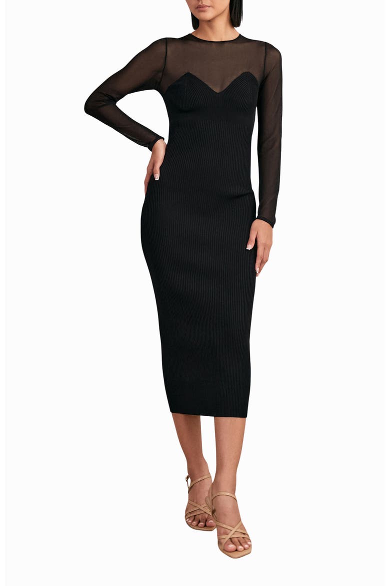 Lila Mixed Media Long Sleeve Cocktail Dress, Main, color, BLACK