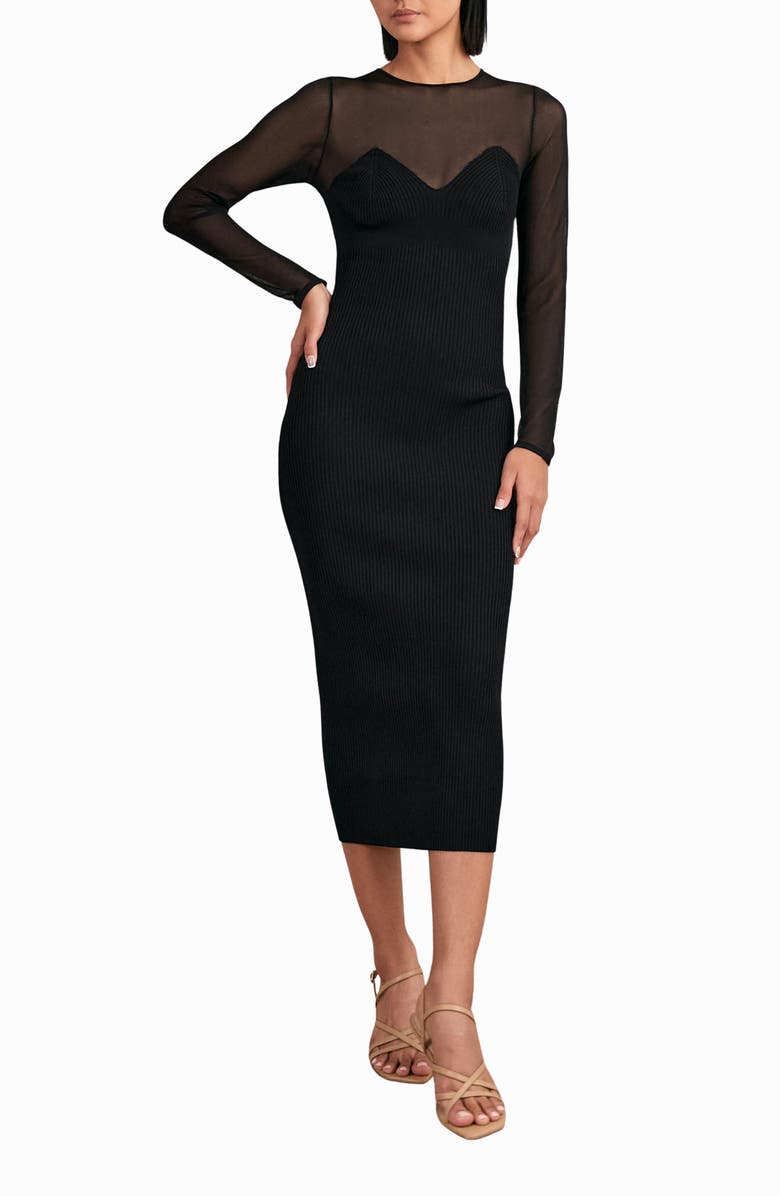 Reiss Lila Mixed Media Long Sleeve Cocktail Dress, Main, color, Black