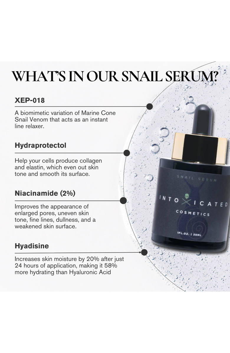 Intoxicated Cosmetics Snail Serum | 1 fl.oz./30ml | Hydrating & Anti-Aging Skincare Treatment with Vegan Snail Venom Peptide & Vegan Snail Mucin, Alternate, color, NO COLOR