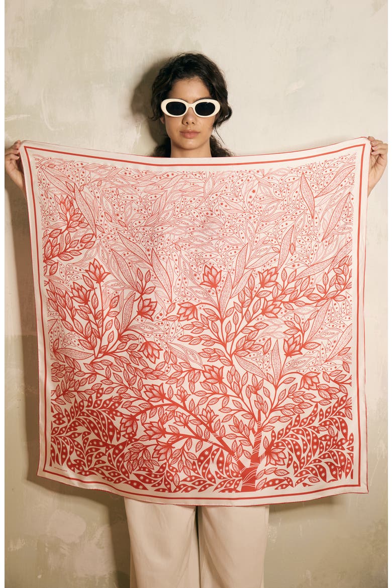 Double Sided Silk Scarf Of Scarlet Tree of Life, Alternate, color, Red