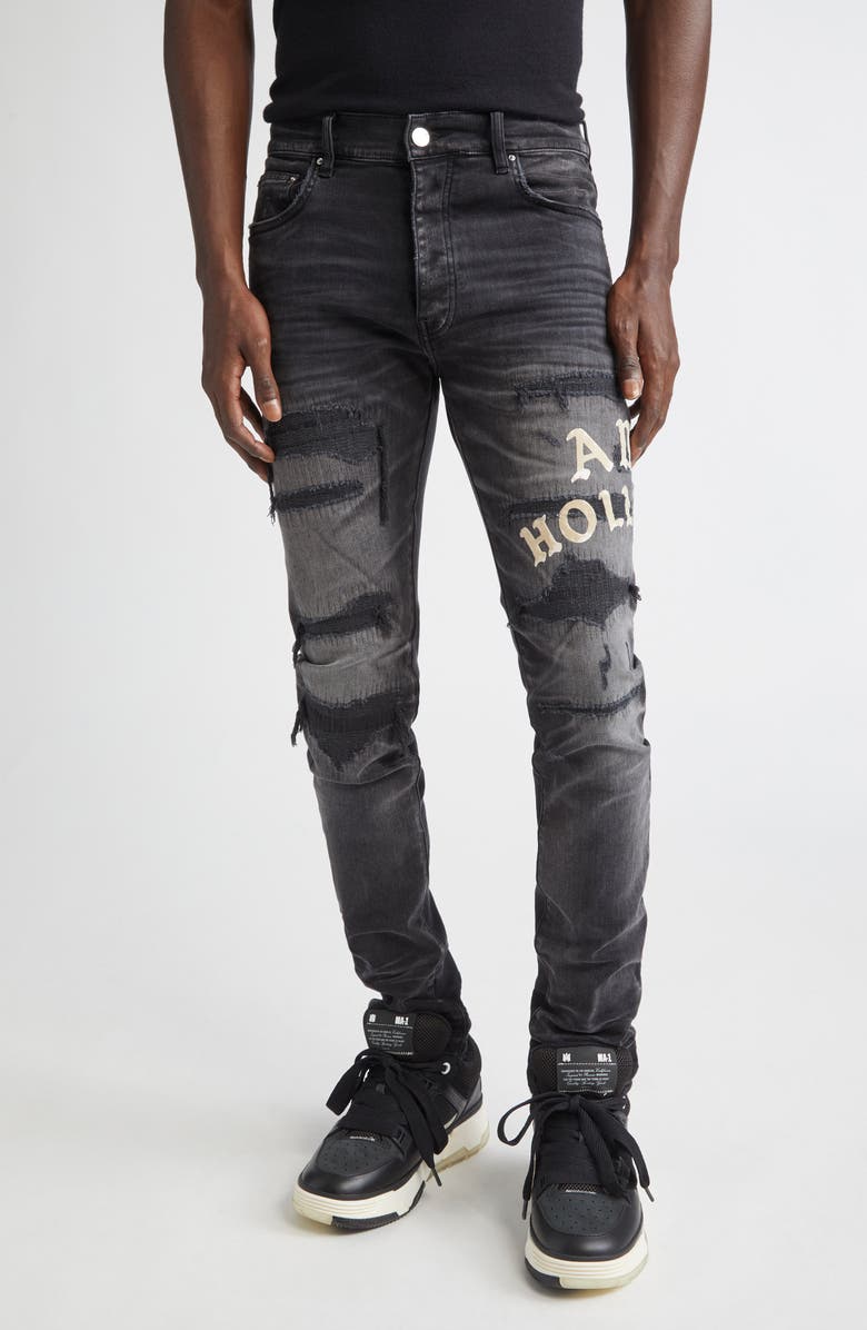 AMIRI Hollywood Appliqué Rip & Repair Slim Fit Jeans, Main, color, Faded Black