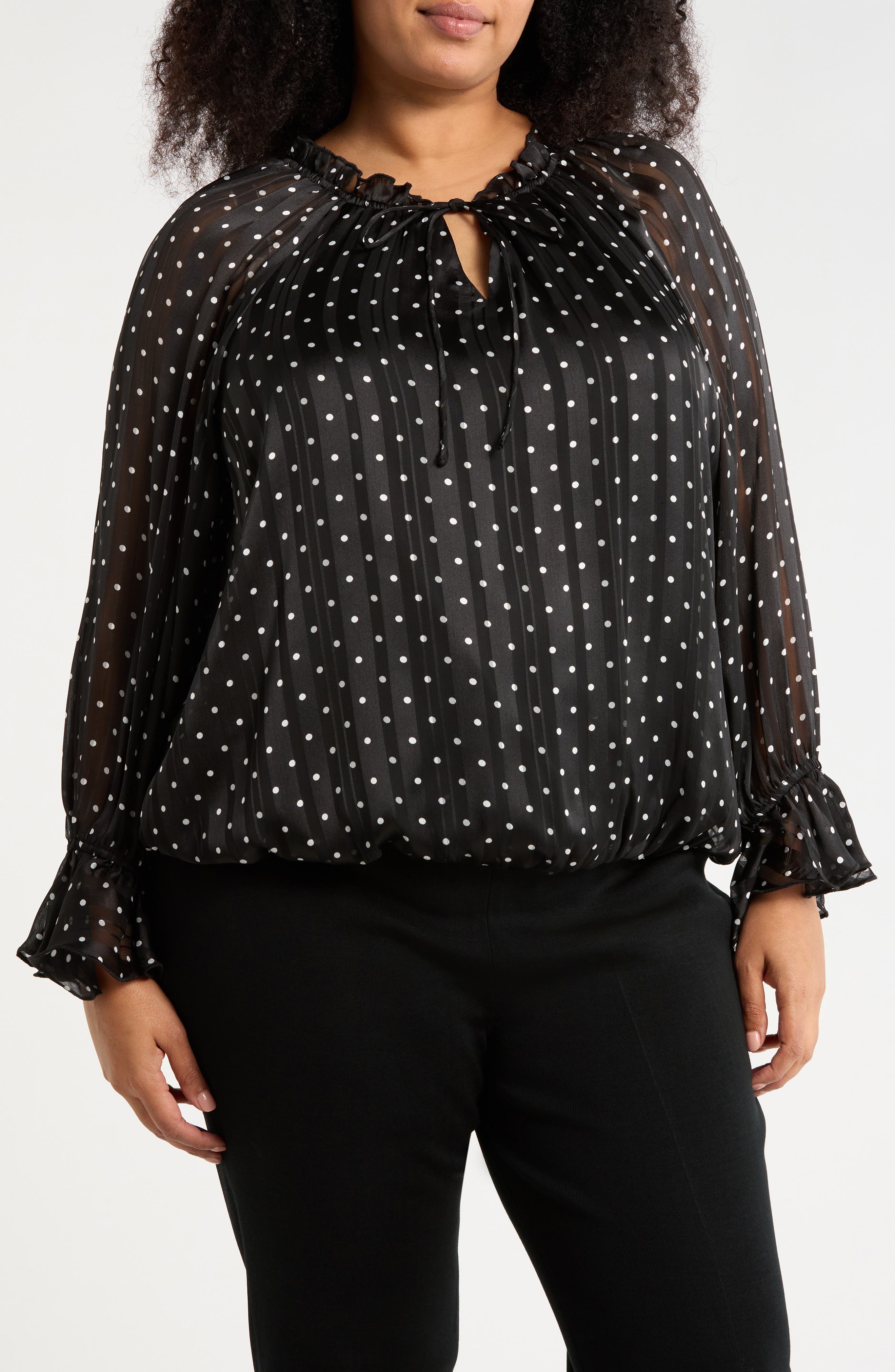 Adrianna Papell Polka Dot Tie Keyhole Long Sleeve Top