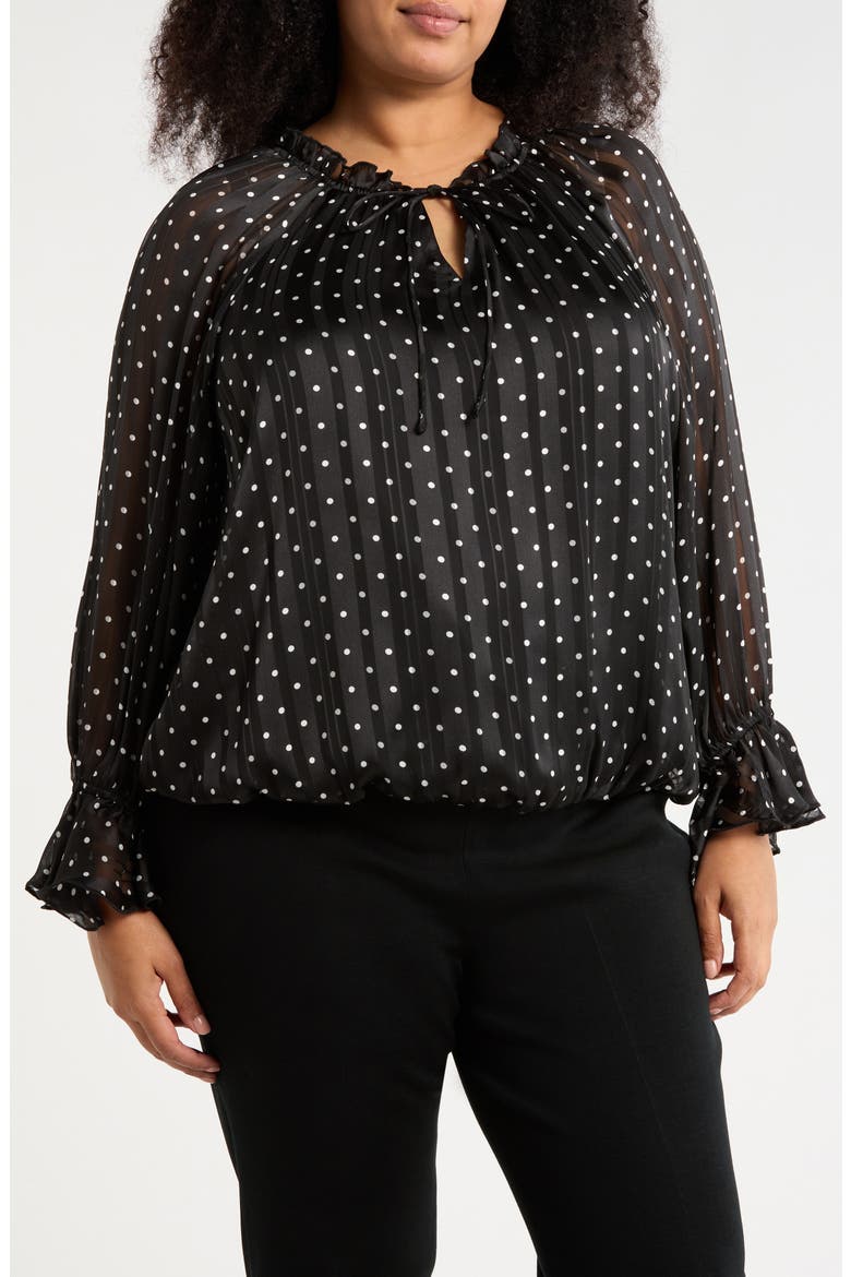 Polka Dot Tie Keyhole Long Sleeve Top, Main, color, BLACK/ CREAM DOT