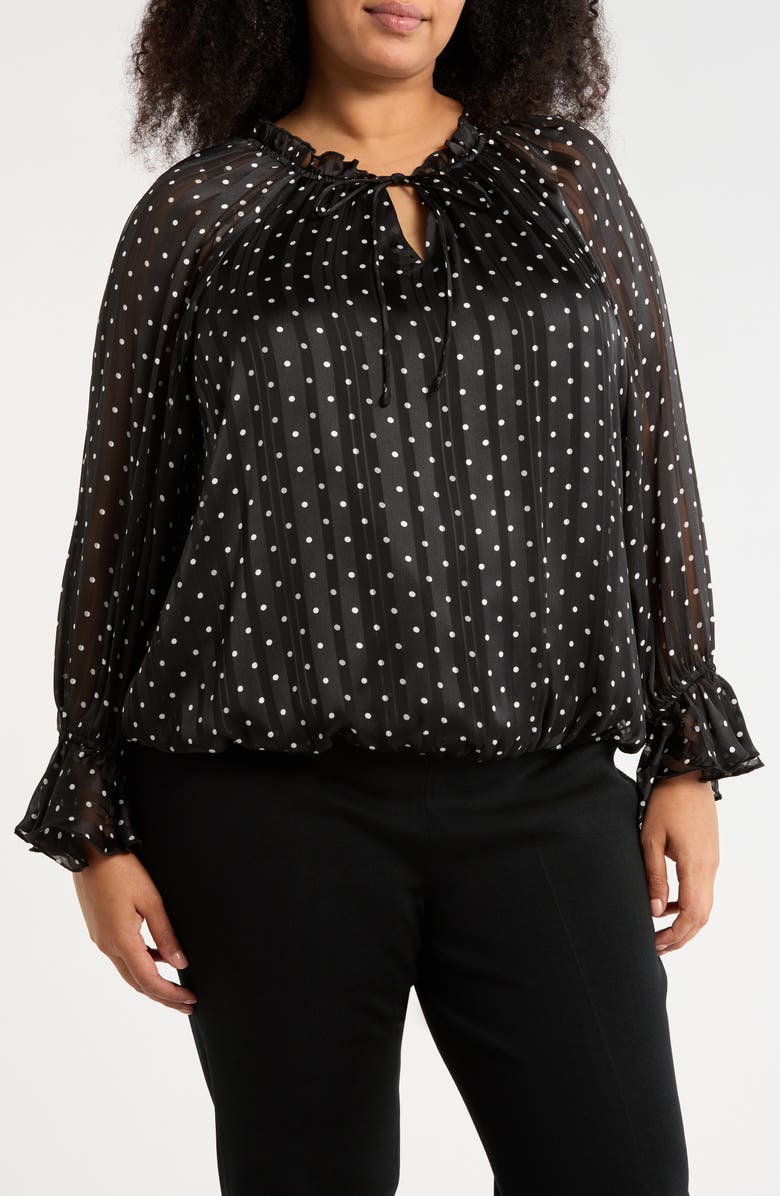 Adrianna Papell Polka Dot Tie Keyhole Long Sleeve Top, Main, color, Black/ Cream Dot